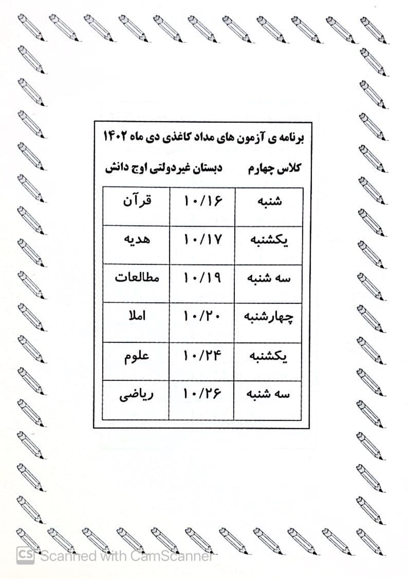 برنامه آزمون مداد کاغذی پایه چهارم